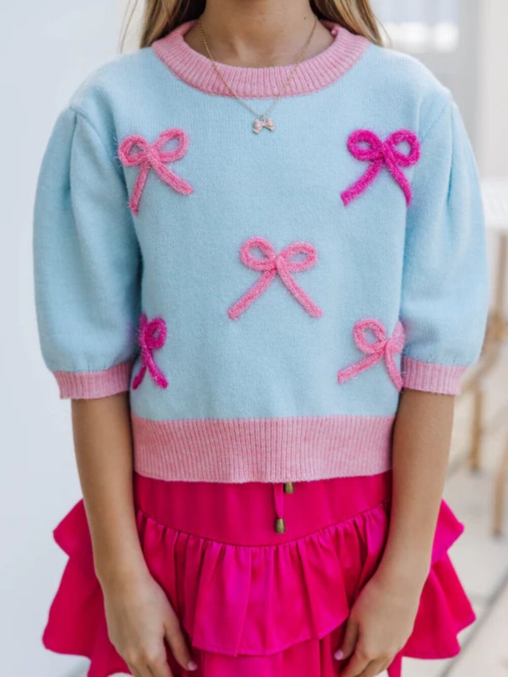NWOT Shop The Mint Girls Happy To Be Here Light Blue Bow Sweater